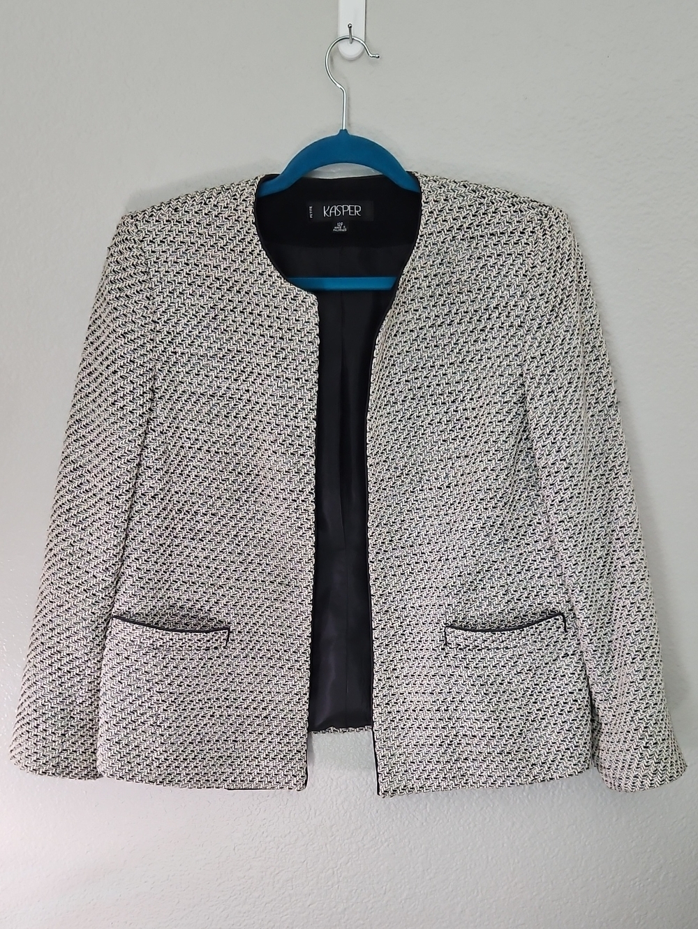 Kasper Petite Tweed Open-Front Jacket Blazer Black White Size 12P GUC